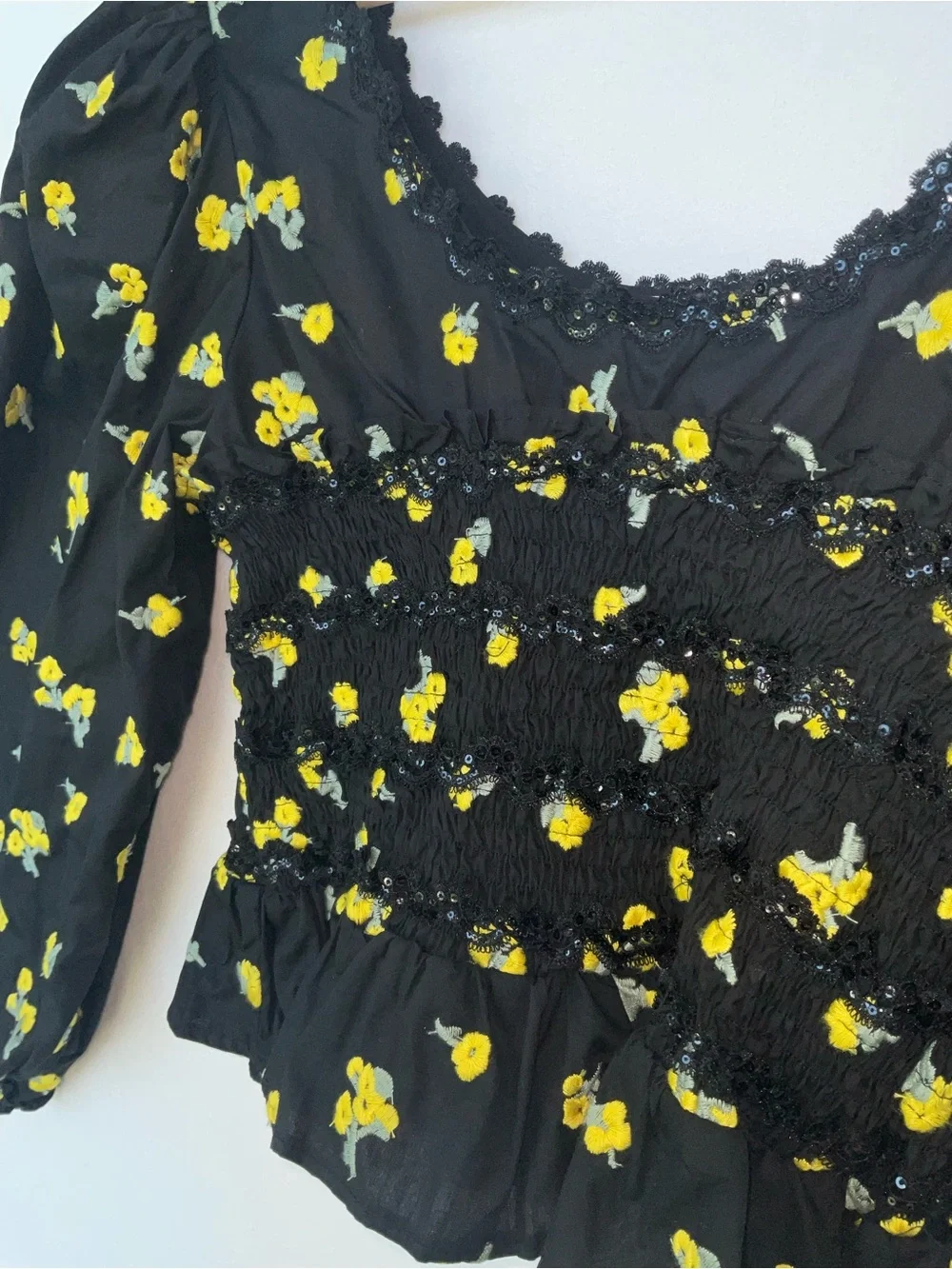 Sister Jane Black Smocked Blouse with Yellow Floral Print